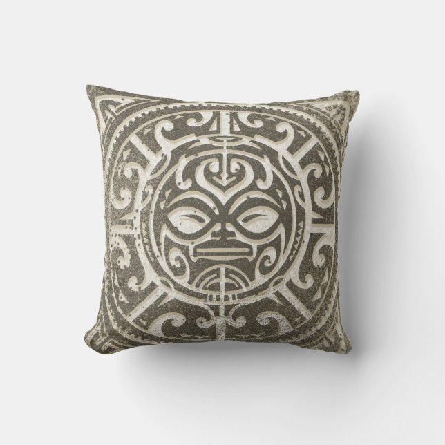 Polynesisches Stammes- Gesicht Brown Kissen (Vorderseite)