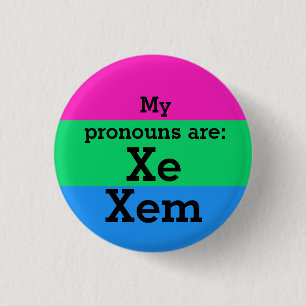 Polysexualitätsflagge mit Xe/Xem-Pronomen Button
