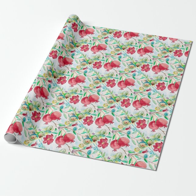 Pomegranat-Blattfrucht-Aquarellgarten Geschenkpapier (Ungerollt)