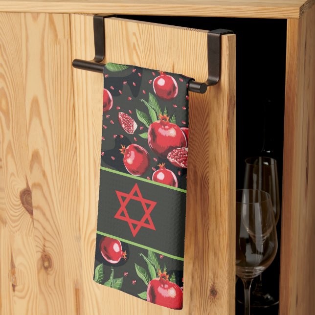 Pomegranate auf Schwarz-Juden Rosh Hashanah Star Geschirrtuch (Drittel gefaltet)