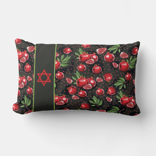 Pomegranate auf Schwarz jüdisch Rosh Hashanah Star Lendenkissen (Vorderseite)