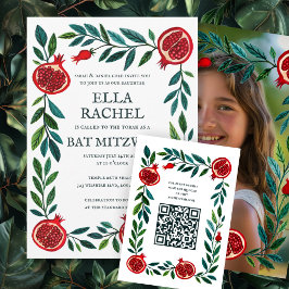 Pomegranate Custom QR Bat Bar Mitzvah Wasserfarbe Begleitkarte
