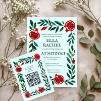 Pomegranate Custom QR Bat Bar Mitzvah Wasserfarbe