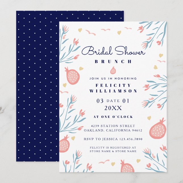 Pomegranate Fruit Floral Bridal Dusche Einladung (Vorne/Hinten)