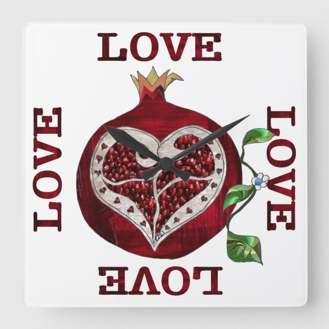 Pomegranate Heart LIEBE Valentine Quadratische Wanduhr (Vorderseite)