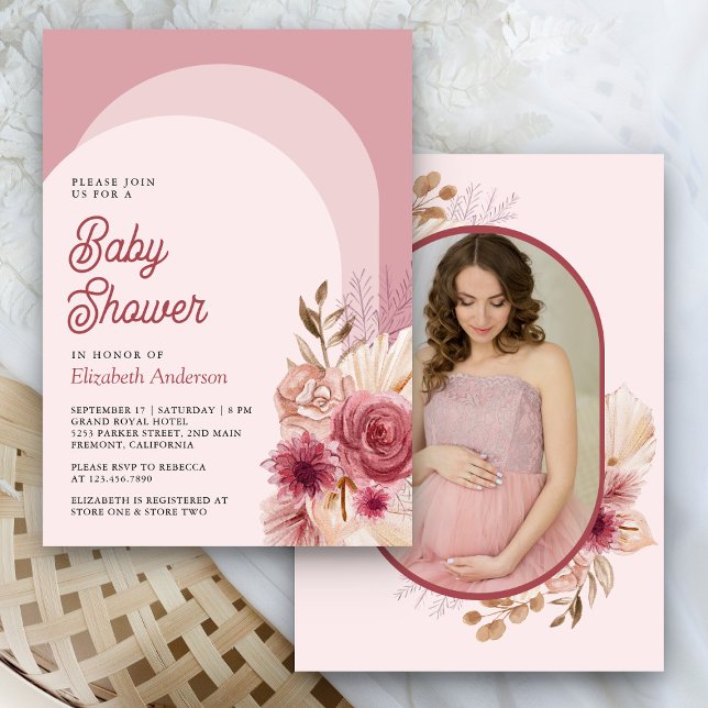 Pomegranate Pink Floral Pampas Foto Babydusche Einladung (Von Creator hochgeladen)