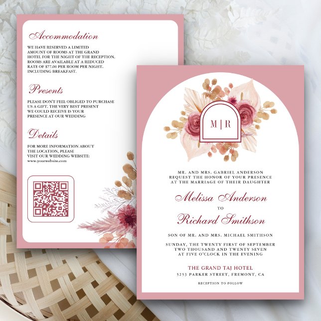 Pomegranate Pink Floral Pampas QR Code Hochzeit Einladung (Von Creator hochgeladen)