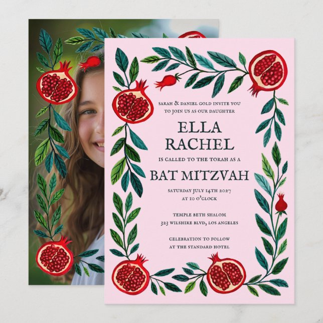 Pomegranates B'nai Bat Bar Mitzvah Custom Foto Einladung (Vorne/Hinten)
