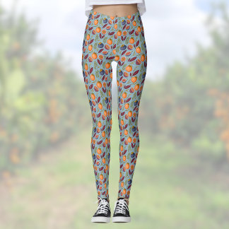 Pomegranates Oranges and Ferns Vintage Dusty Blue Leggings
