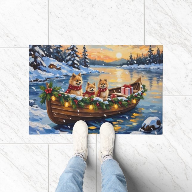 Pomeranian Christmas Boat Holiday Fußmatte (Indoor)