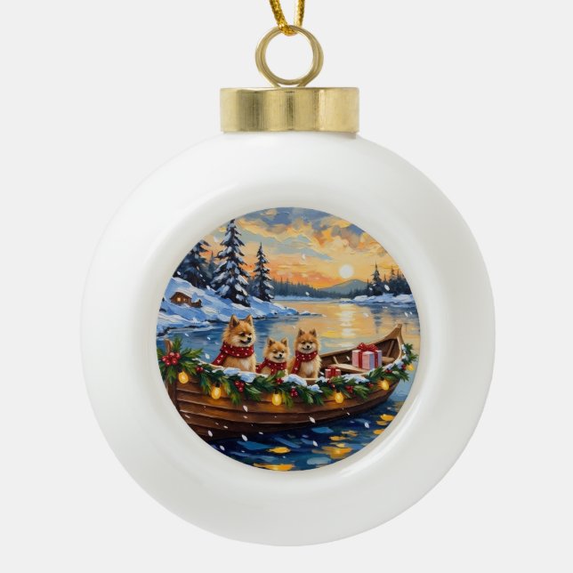 Pomeranian Christmas Boat Holiday Keramik Kugel-Ornament (Vorderseite)