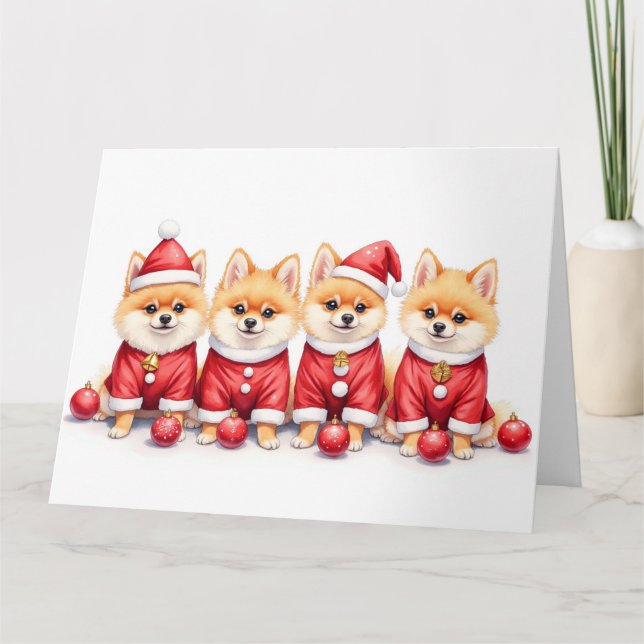 Pomeranian Christmas Dress Santa Hat Karte (Vorderseite)