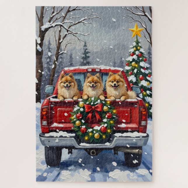 Pomeranian Christmas Red Truck Holiday Gift (Vertikal)