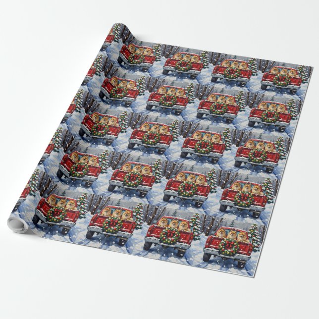 Pomeranian Christmas Red Truck Holiday Gift Geschenkpapier (Ungerollt)
