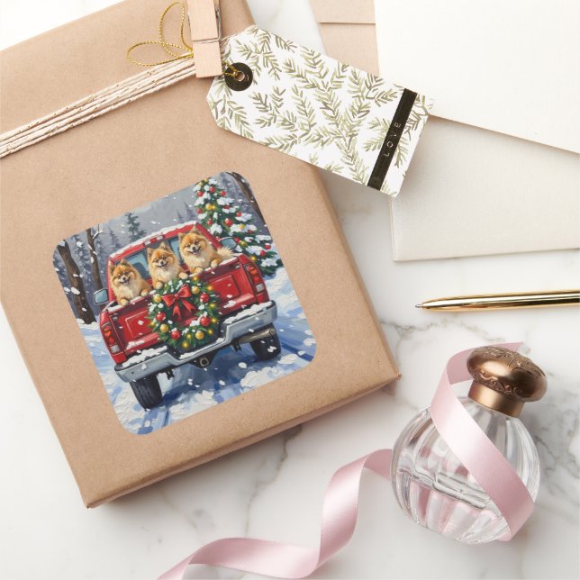 Pomeranian Christmas Red Truck Holiday Gift Quadratischer Aufkleber (Schenken)