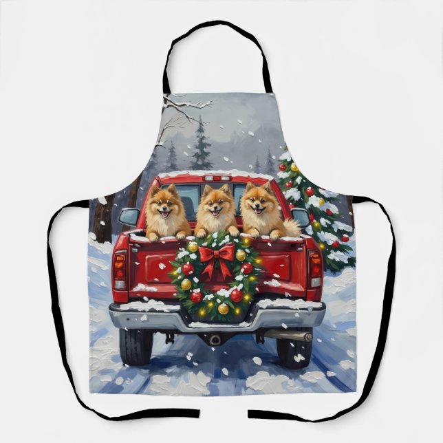 Pomeranian Christmas Red Truck Holiday Gift Schürze (Vorderseite)
