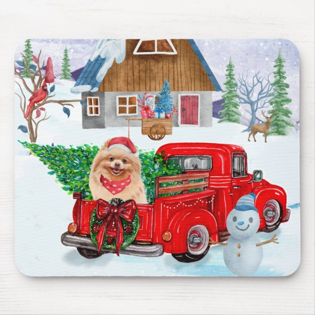 Pomeranian Dog In Christmas Delivery Truck Snow  Mousepad (Vorne)