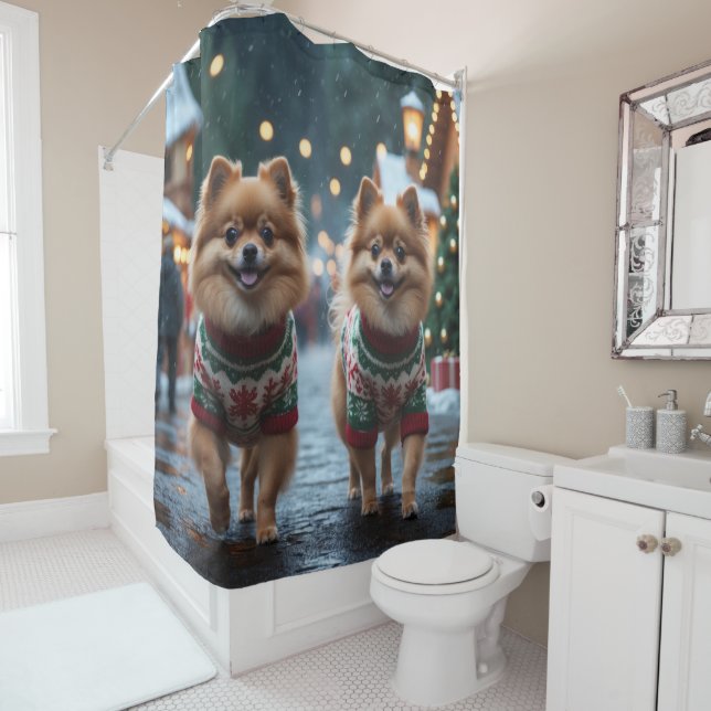 Pomeranian Dogs Christmas Snow Holiday  Duschvorhang (Beispiel)