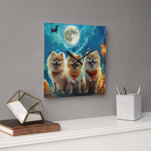 Pomeranian Halloween Gruselig Quadratische Wanduhr