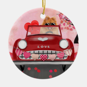 Pomeranian-Hund Auto mit Herzen Valentinstag  Keramik Ornament
