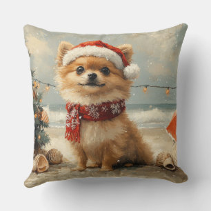 Pomeranian Hund Weihnachten Vintage Strand Kissen