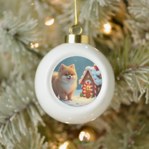 Pomeranian im Lebkuchendorf Weihnachten Keramik Kugel-Ornament