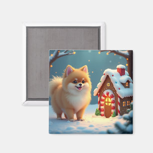 Pomeranian im Lebkuchendorf Weihnachten Magnet