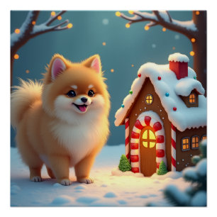 Pomeranian im Lebkuchendorf Weihnachten Poster
