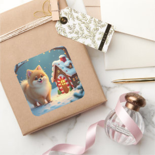 Pomeranian im Lebkuchendorf Weihnachten Quadratischer Aufkleber