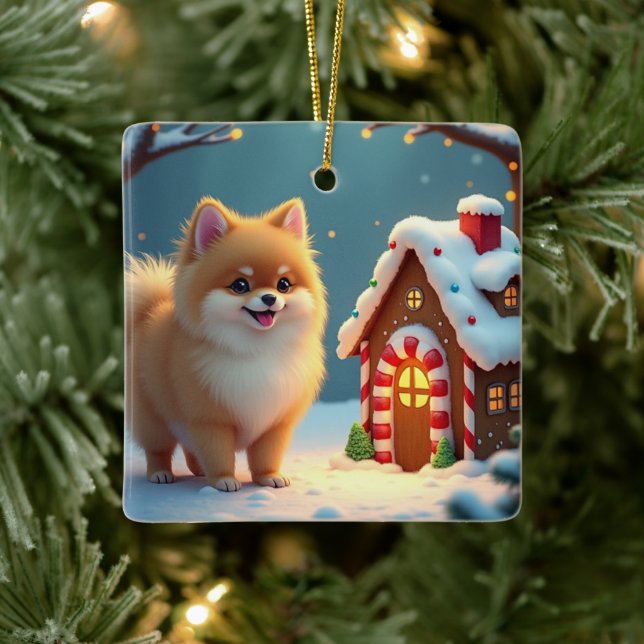 Pomeranian in Gingerbread Village Christmas Keramikornament (Baum)
