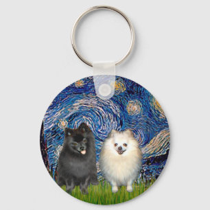 Pomeranian-Paar (S/W)-Sternennacht Schlüsselanhänger