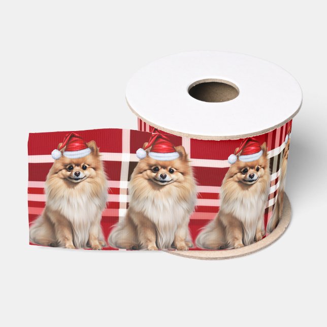 Pomeranian Red Holiday Plaid Funny Dog Christmas Ripsband (Spule)
