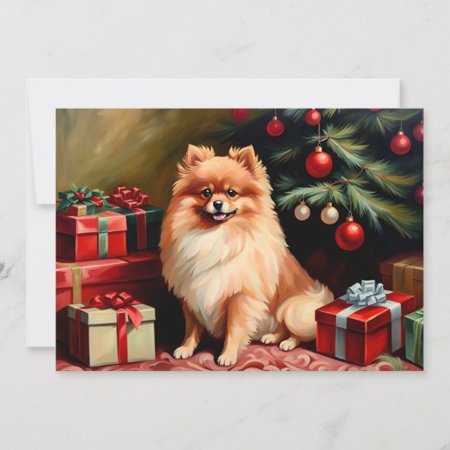 Pomeranian sitting by Christmas tree Karte (Vorderseite)