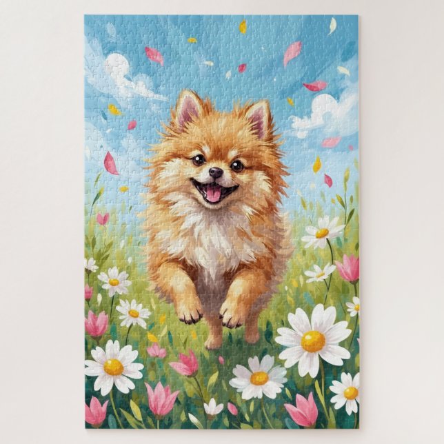 Pomeranian Spring Daisy Field Cute Dog (Vertikal)