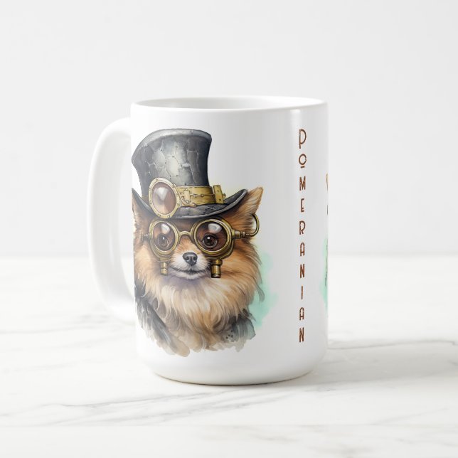 Pomeranian-Steampunk-Hund Kaffeetasse (Vorderseite Links)