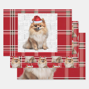 Pomeranian-Weihnachtshund Rot-Weiß-Kariert Geschenkpapier Set