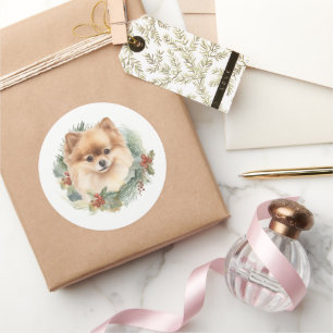 Pomeranian-Weihnachtskranz Festlicher Hund Runder Aufkleber