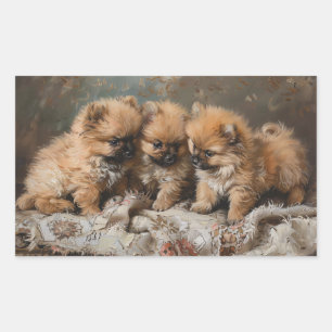 Pomeranian Welpen-Trio Vintage Rechteckiger Aufkleber