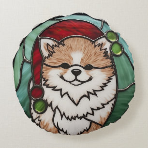 Pommeranian Buntglas Weihnachten Rundes Kissen