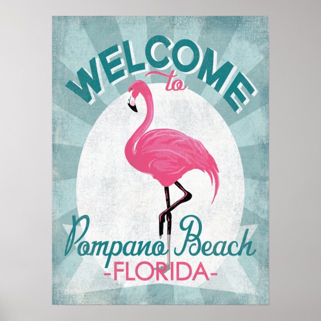 Pompano Beach Florida Pink Flamingo Retro Poster (Vorne)