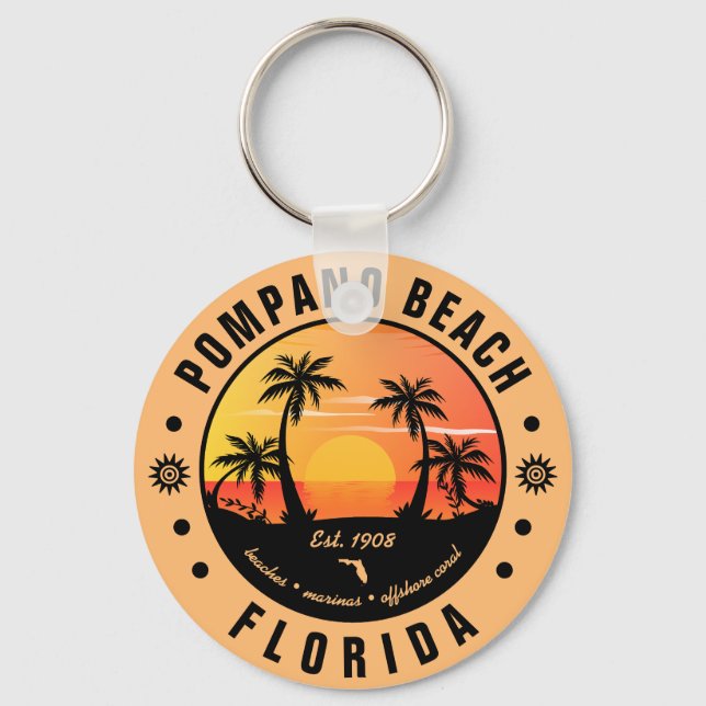 Pompano Beach Florida Retro Sunset Souvenir 80er Schlüsselanhänger (Vorderseite)