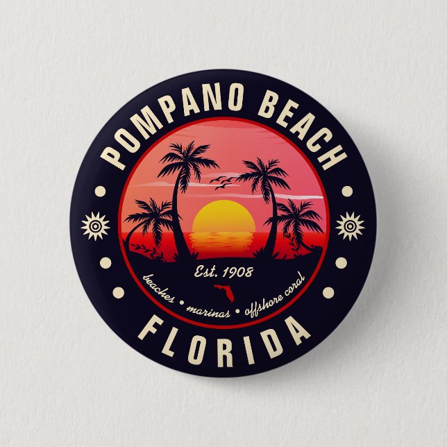 Pompano Beach Florida Retro Sunset Souvenir Button (Vorderseite)