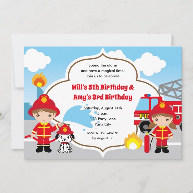 Pompiers Invitations d'anniversaire - Twins Joint (Devant)