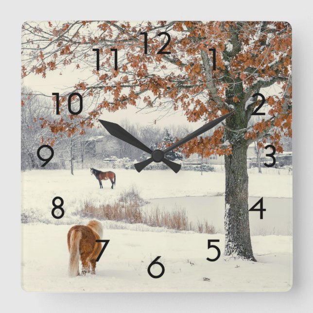 Poney et cheval dans la neige par une horloge de (Recto)