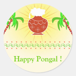 Pongal Topf und Zuckerrohr Runder Aufkleber