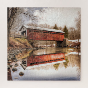 Pont couvert rouge au-dessus du puzzle fluvial