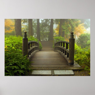 Pont en bois en affiche japonaise de jardin