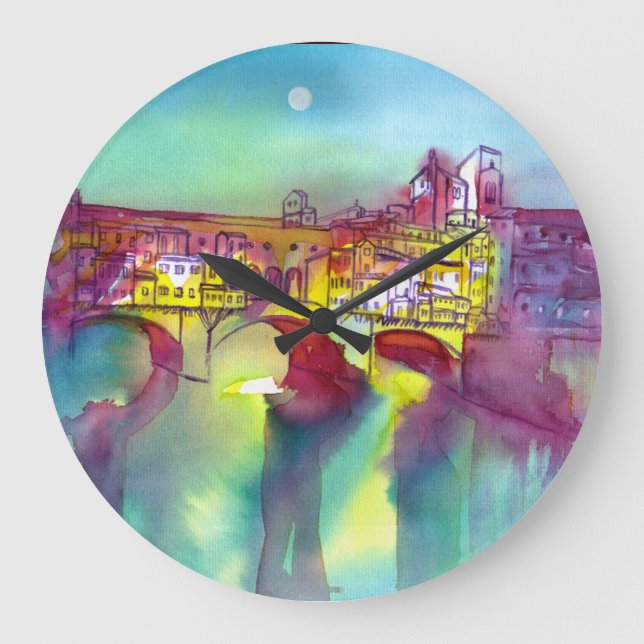 PONTE VECCHIO Florence by Night Watercolor Große Wanduhr (Vorderseite)