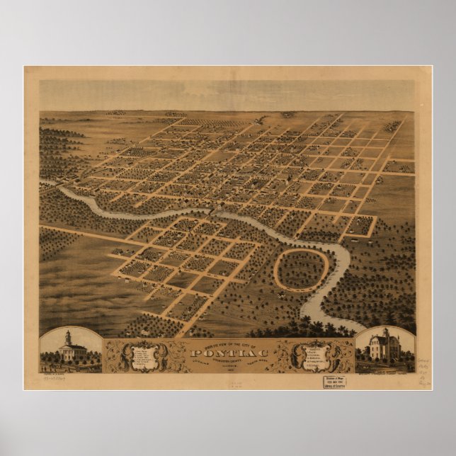 Pontiac Illinois 1869 Antique Panoramabalkarte Poster (Vorne)