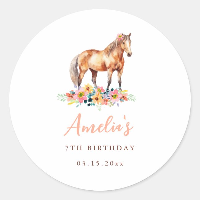 Pony Birthday Party Floral Pferd Rosa Aufkleber (Vorderseite)